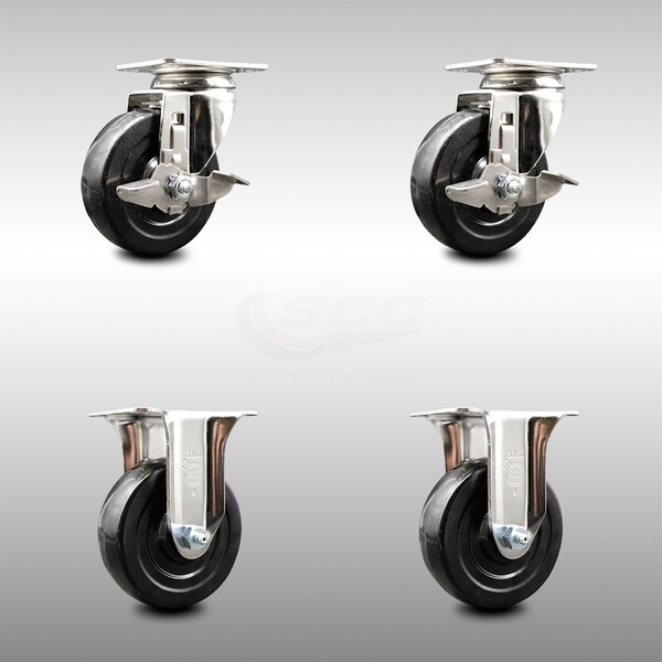4 Inch 316SS Hard Rubber Wheel Swivel Top Plate Caster Brake 2 Rigid SCC, 2PK